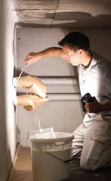 A craftsman illuminates a narrow, dark room with the Festool Working light in one hand and a tool in the other